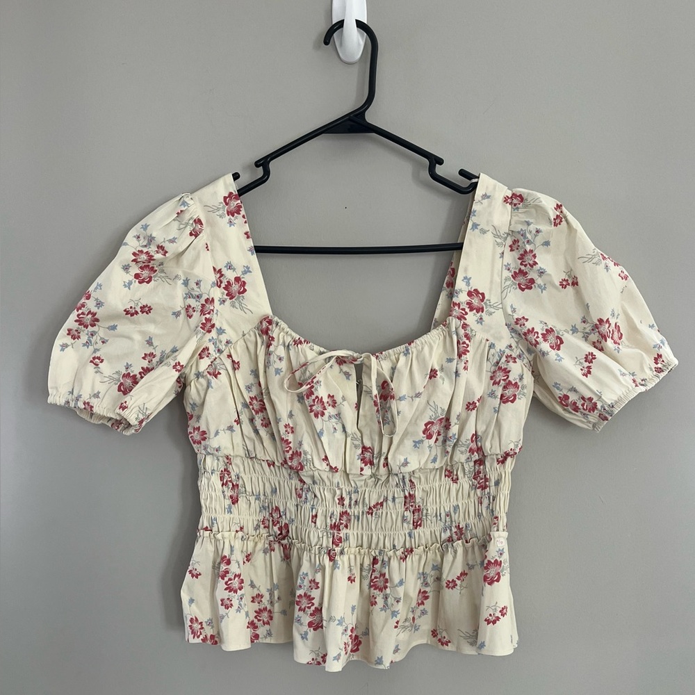 WAYF Peplum Peasant Blouse Ditsy Floral Puff Sleeve Blouse Small‎ Boho